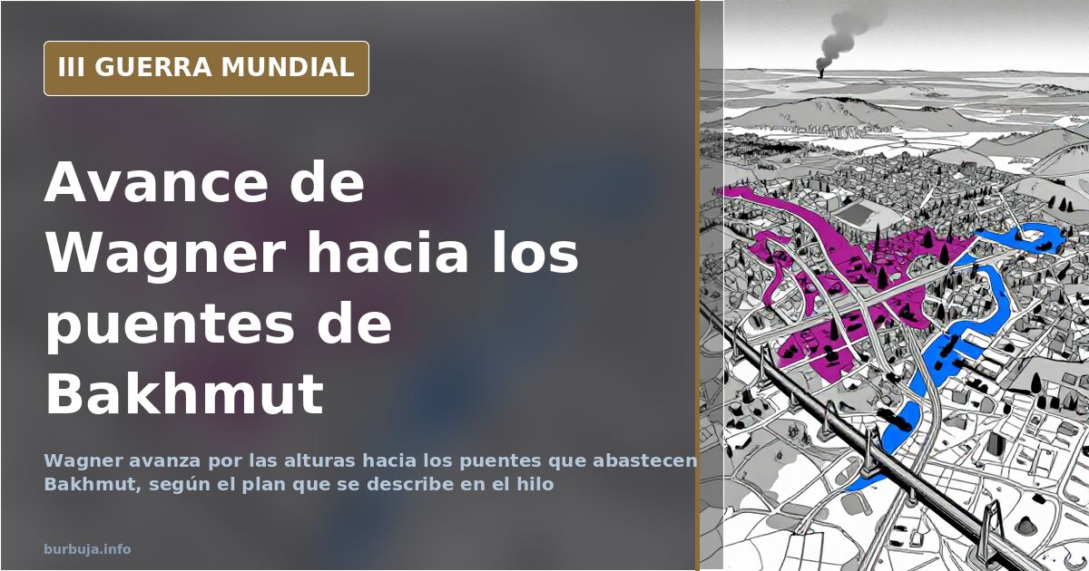Mapa del avance de Wagner sobre Bakhmut con tres puentes marcados, uno en morado y dos en azul, y la ruta por las alturas