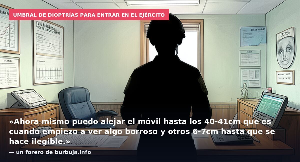Umbral de dioptrías para entrar en el ejército: «Ahora mismo puedo alejar el móvil hasta los 40-41cm que es cuando empiezo a ver algo borroso y otros 6-7cm hasta que se hace ilegible.» — un forero de burbuja.info