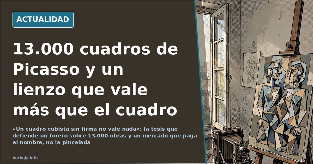 Lienzo cubista con figuras geométricas y una cámara fotográfica de fuelle antigua sobre una mesa de estudio