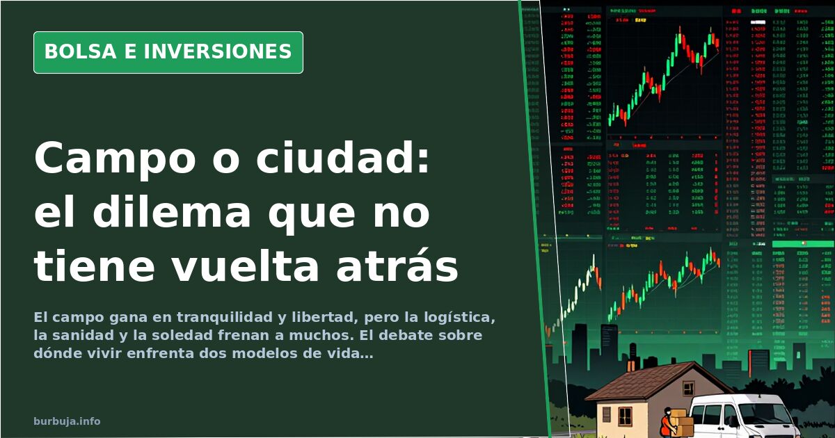 Gráfico de velas japonesas en terminal financiera con fondo oscuro, reflejando la volatilidad del debate entre vida rural y u