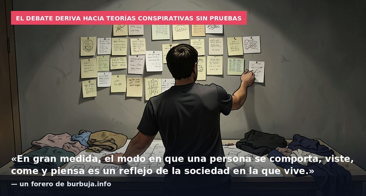 El debate deriva hacia teorías conspirativas sin pruebas: «En gran medida, el modo en que una persona se comporta, viste, come y piensa es un reflejo de la sociedad en la que vive.» — un forero de burbuja.info