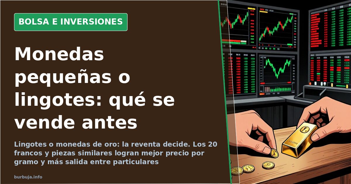 Gráfico de cotización del oro junto a monedas y lingotes de inversión sobre una pantalla de terminal financiero en tonos verd