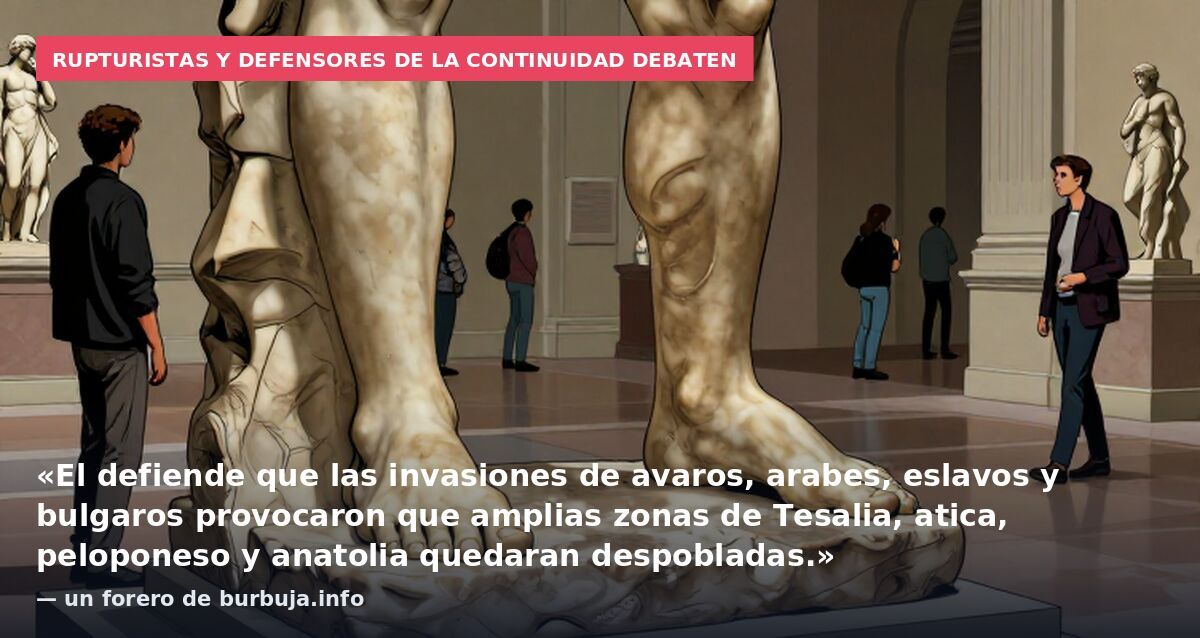 Rupturistas y defensores de la continuidad debaten: «El defiende que las invasiones de avaros, arabes, eslavos y bulgaros provocaron que amplias zonas de Tesalia, atica, peloponeso y anatolia quedaran despobladas.» — un forero de burbuja.info