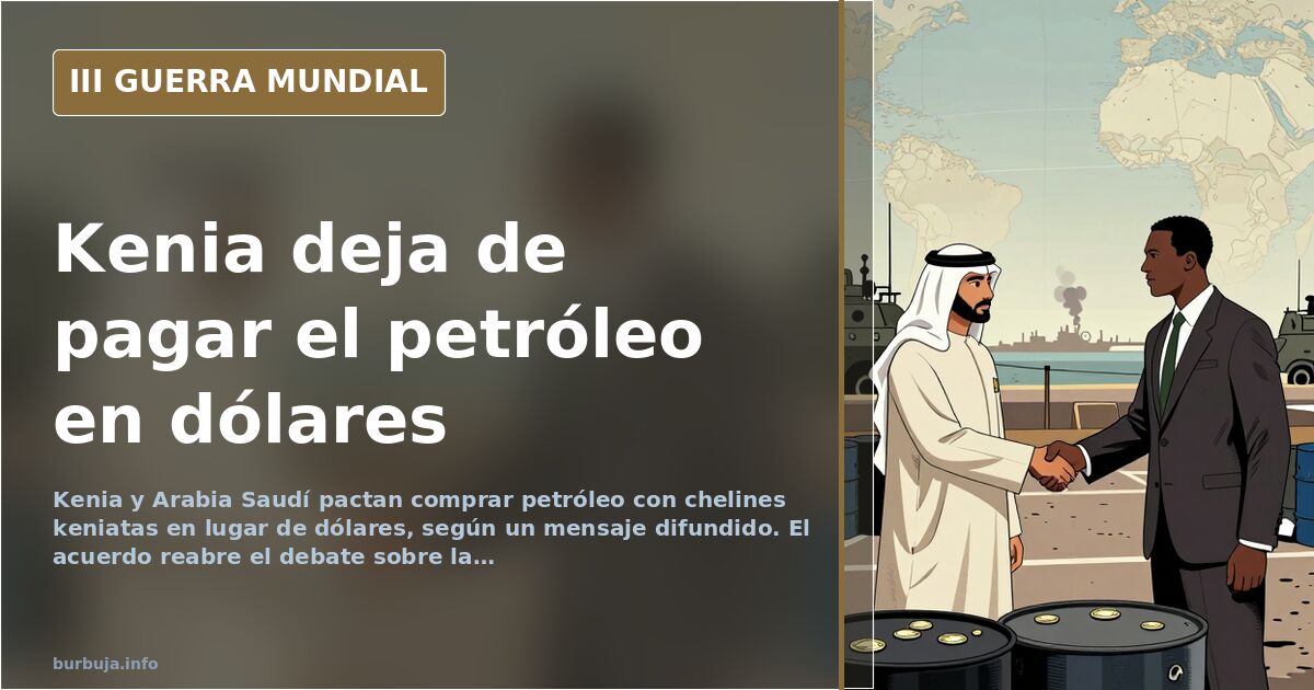 Mapa de África y Oriente Medio con rutas comerciales entre Kenia y Arabia Saudí y símbolos de petróleo y divisas