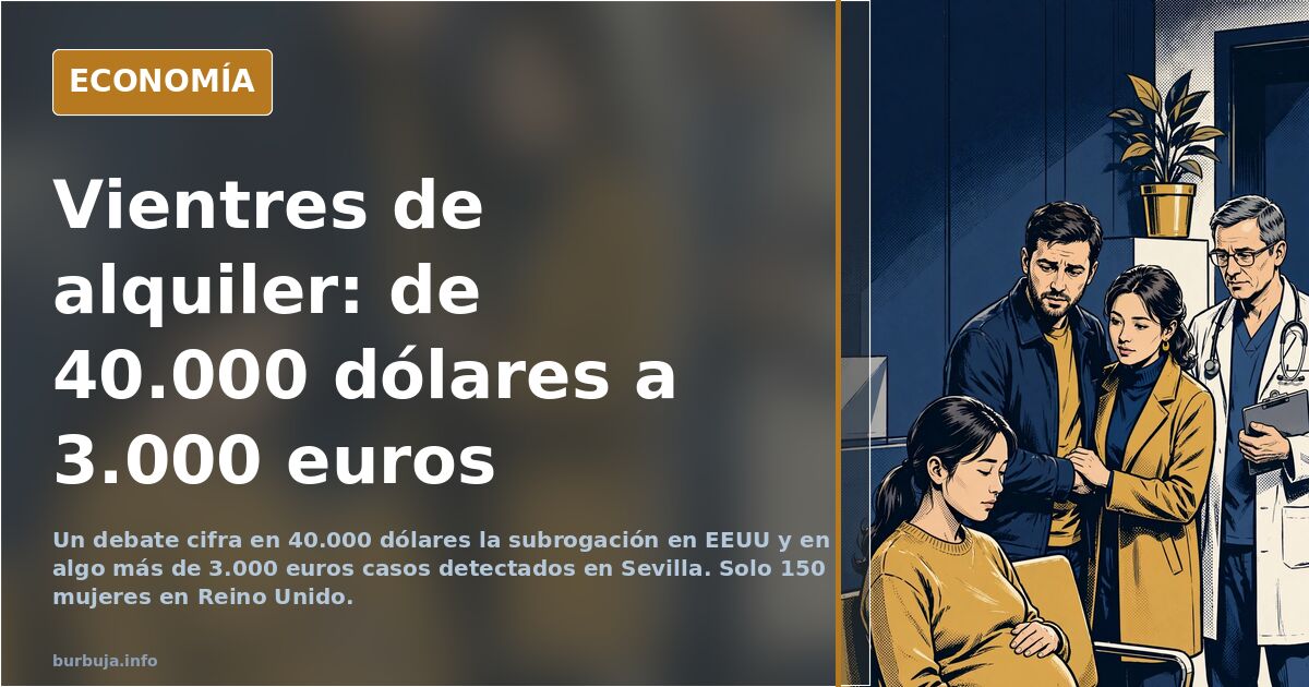 Ilustración editorial de una balanza entre fajos de billetes y un vientre gestante, símbolo del precio de la gestación subrog