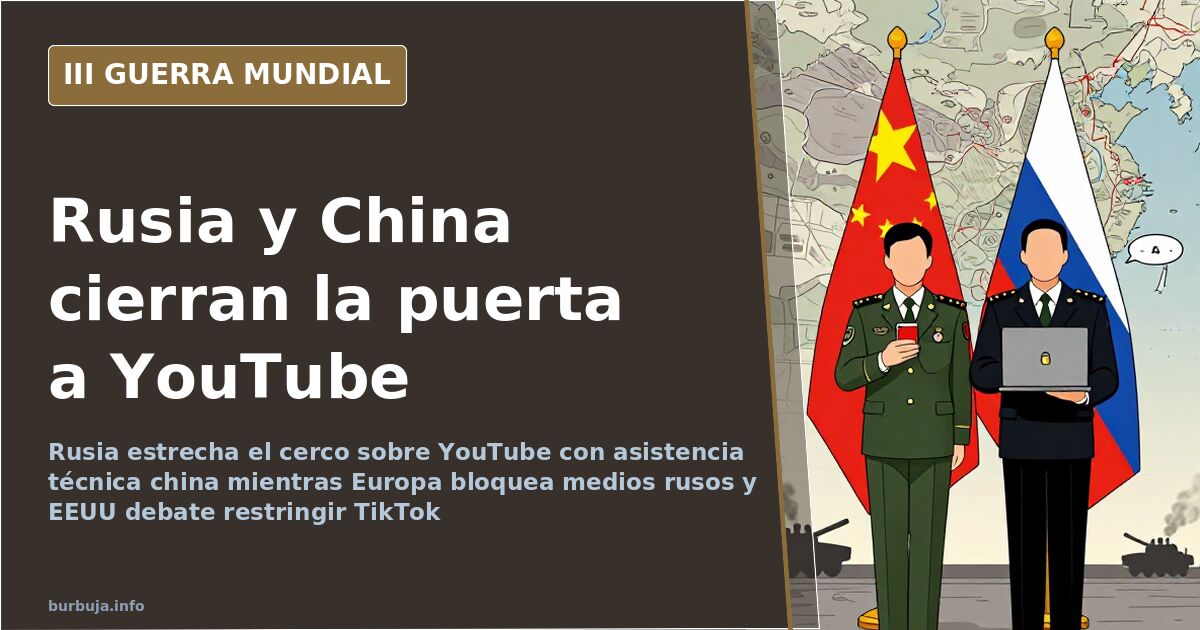 Mapa con siluetas de antenas y pantallas tachadas que ilustra el bloqueo de YouTube en Rusia y la censura en internet