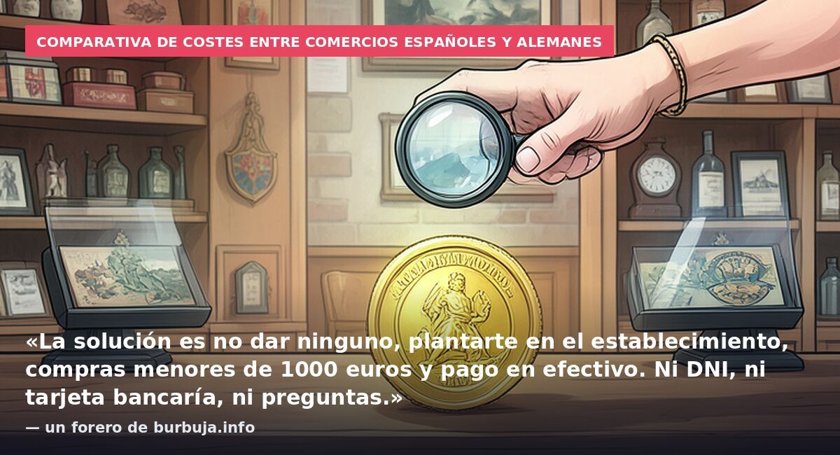 Comparativa de costes entre comercios españoles y alemanes: «La solución es no dar ninguno, plantarte en el establecimiento, compras menores de 1000 euros y pago en efectivo. Ni DNI, ni tarjeta bancaría, ni preguntas.» — un forero de burbuja.info