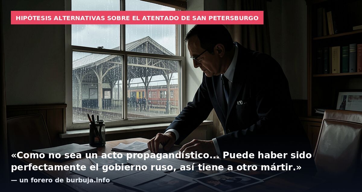 Hipótesis alternativas sobre el atentado de San Petersburgo: «Como no sea un acto propagandístico... Puede haber sido perfectamente el gobierno ruso, así tiene a otro mártir.» — un forero de burbuja.info