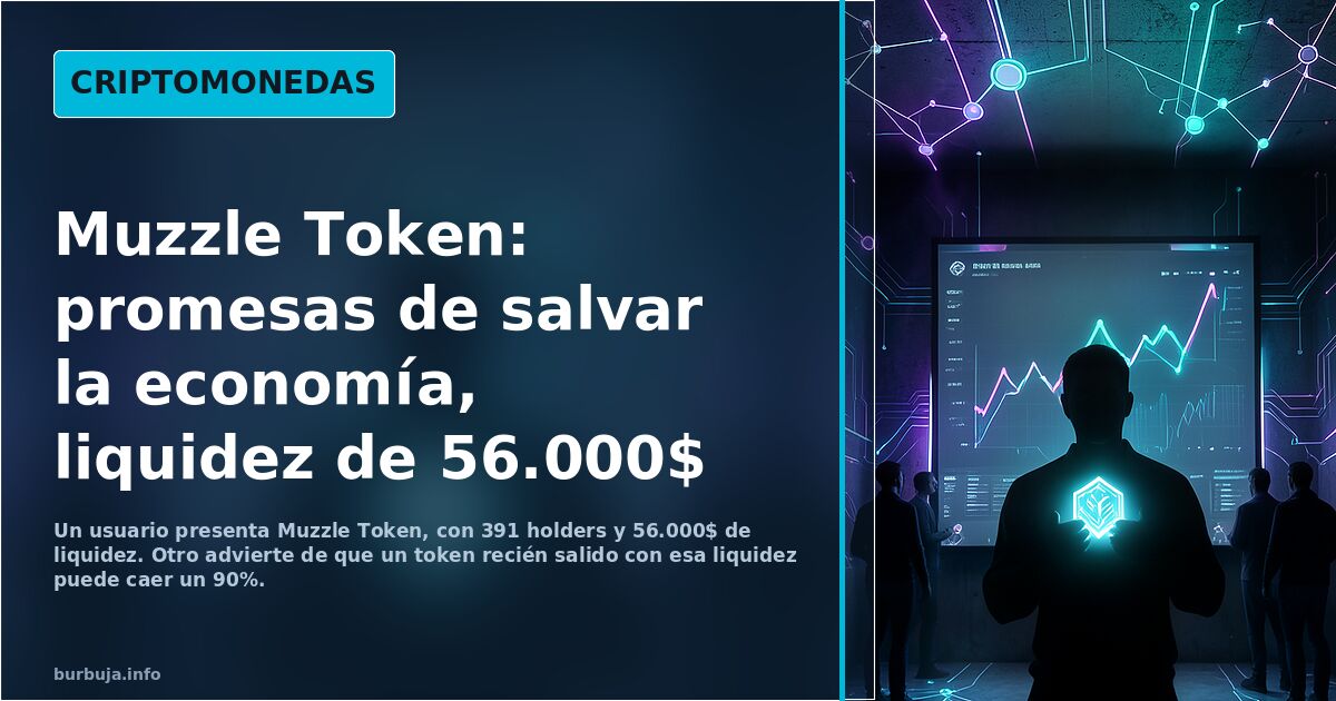 Nodos de red blockchain en cian y violeta sobre fondo oscuro representando el token Muzzle y su liquidez