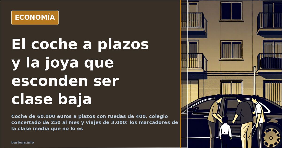 Persona de clase media aparente cargando compras financiadas junto a un coche de alta gama aparcado en la calle