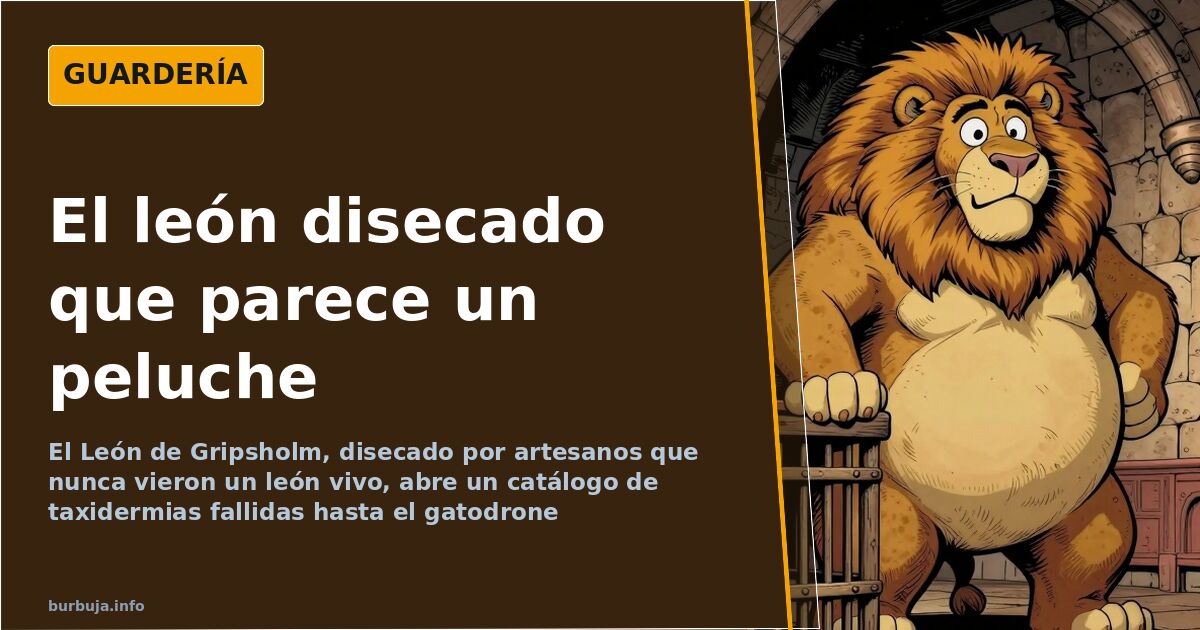 Imagen del León de Gripsholm, ejemplo de taxidermia fallida, con expresión cómica y pose heráldica
