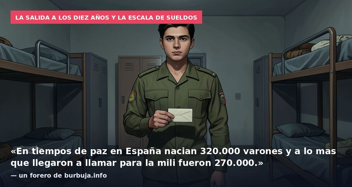 La salida a los diez años y la escala de sueldos: «En tiempos de paz en España nacian 320.000 varones y a lo mas que llegaron a llamar para la mili fueron 270.000.» — un forero de burbuja.info