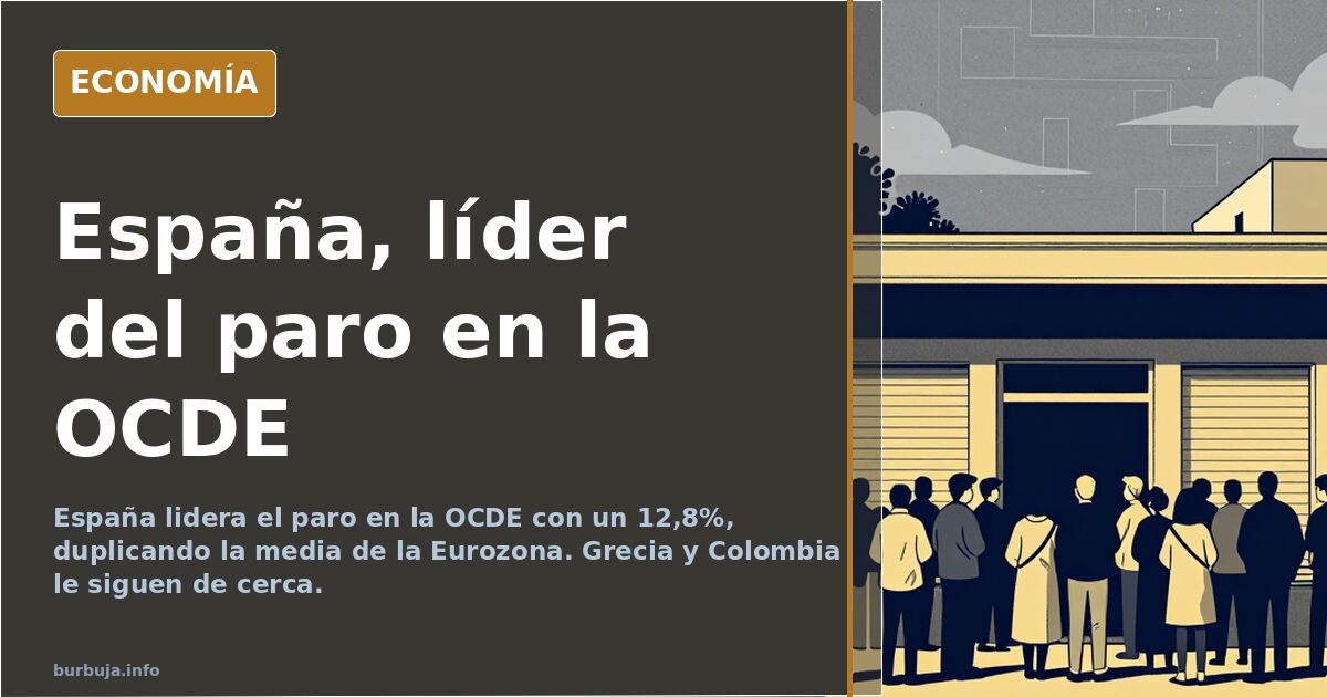 Ilustración editorial de un gráfico de barras con la tasa de paro de España destacando sobre las demás, en tonos azul marino 