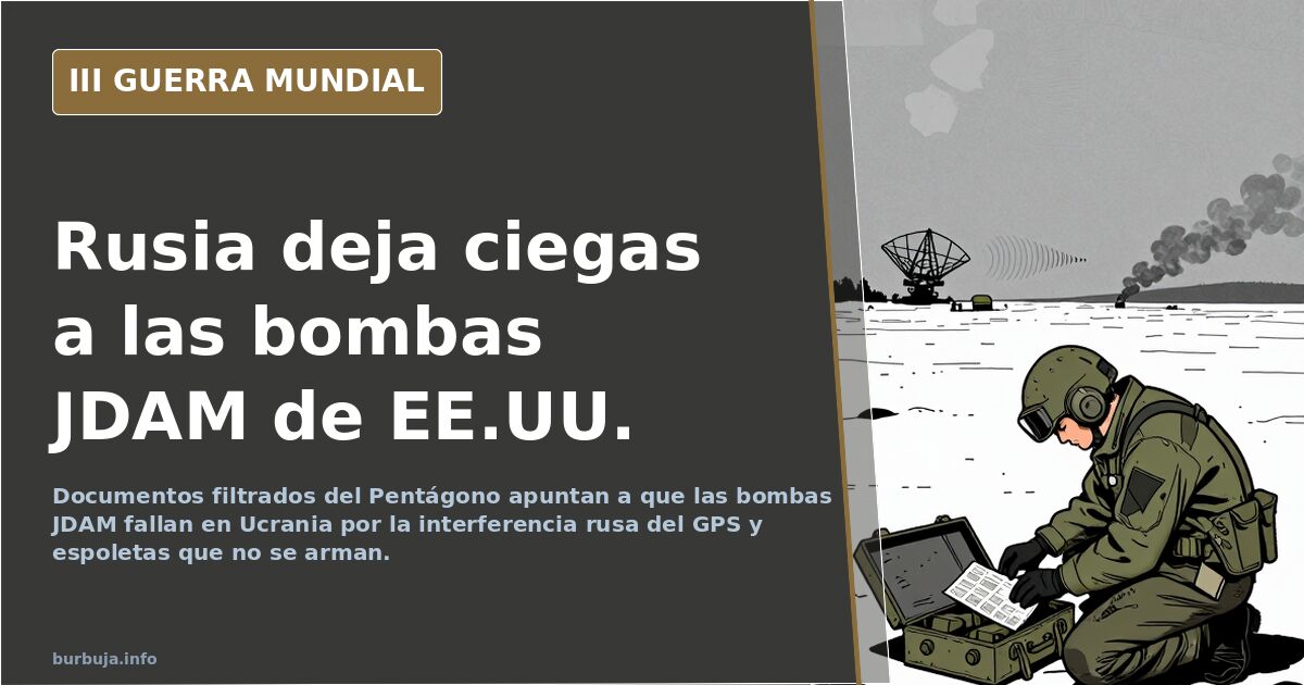 Silueta de un caza lanzando una bomba guiada JDAM sobre un mapa con trazas de satélite interferidas