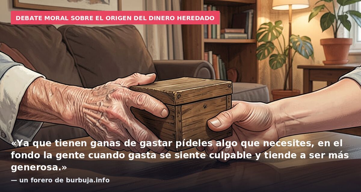 Debate moral sobre el origen del dinero heredado: «Ya que tienen ganas de gastar pídeles algo que necesites, en el fondo la gente cuando gasta se siente culpable y tiende a ser más generosa.» — un forero de burbuja.info
