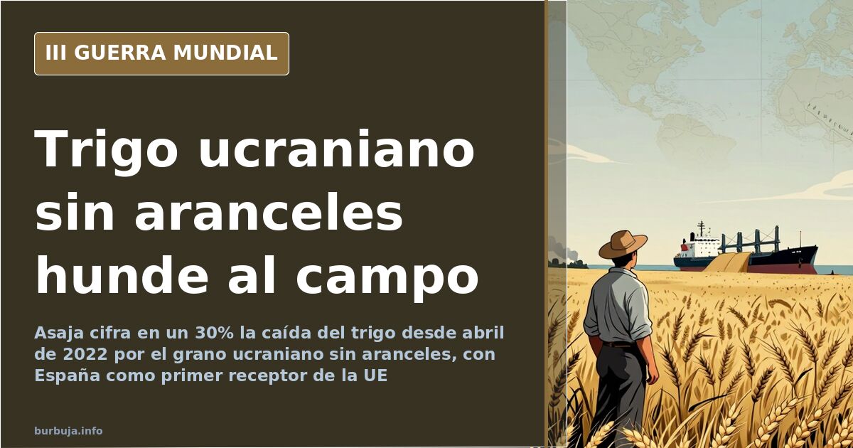 Campo de trigo seco con silos y un barco granelero al fondo, ilustración sobre la entrada de trigo ucraniano en España