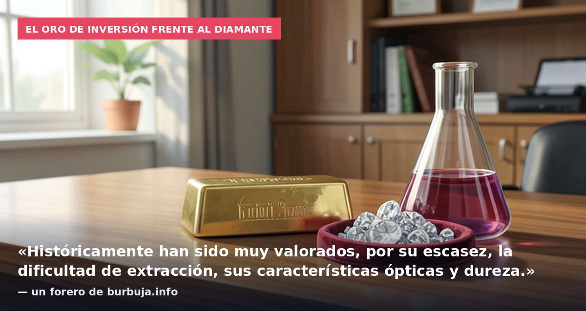 El oro de inversión frente al diamante: «Históricamente han sido muy valorados, por su escasez, la dificultad de extracción, sus características ópticas y dureza.» — un forero de burbuja.info