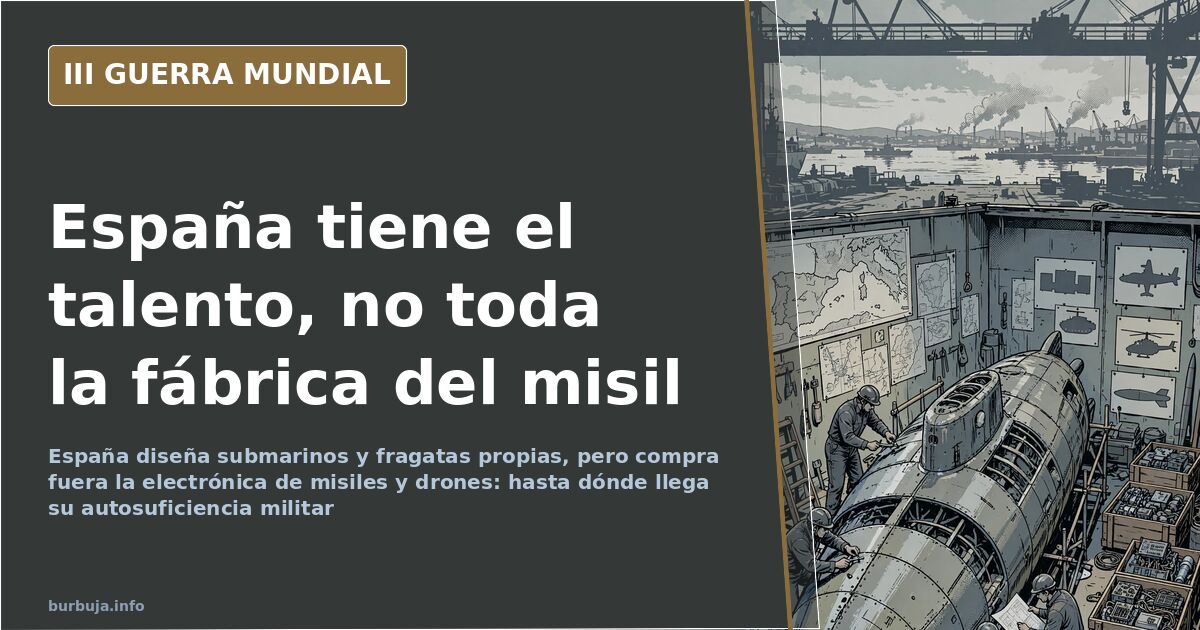 Silueta de una lanzadera de misiles y un dron militar sobre un mapa desaturado de la península ibérica con industria de defen