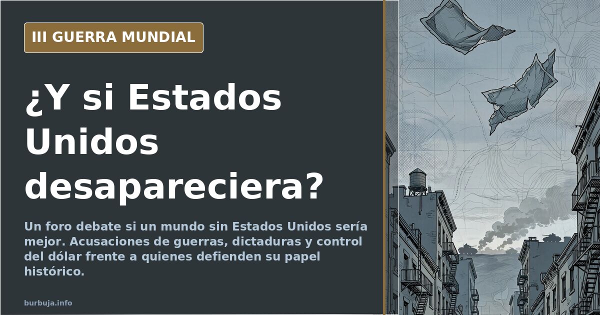 Mapa mundi desaturado con siluetas de portaaviones y bases militares, humo lejano en el horizonte