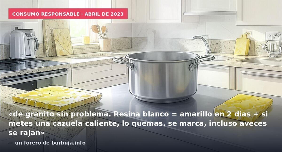 Consumo responsable · abril de 2023: «de granito sin problema. Resina blanco = amarillo en 2 dias + si metes una cazuela caliente, lo quemas. se marca, incluso aveces se rajan» — un forero de burbuja.info