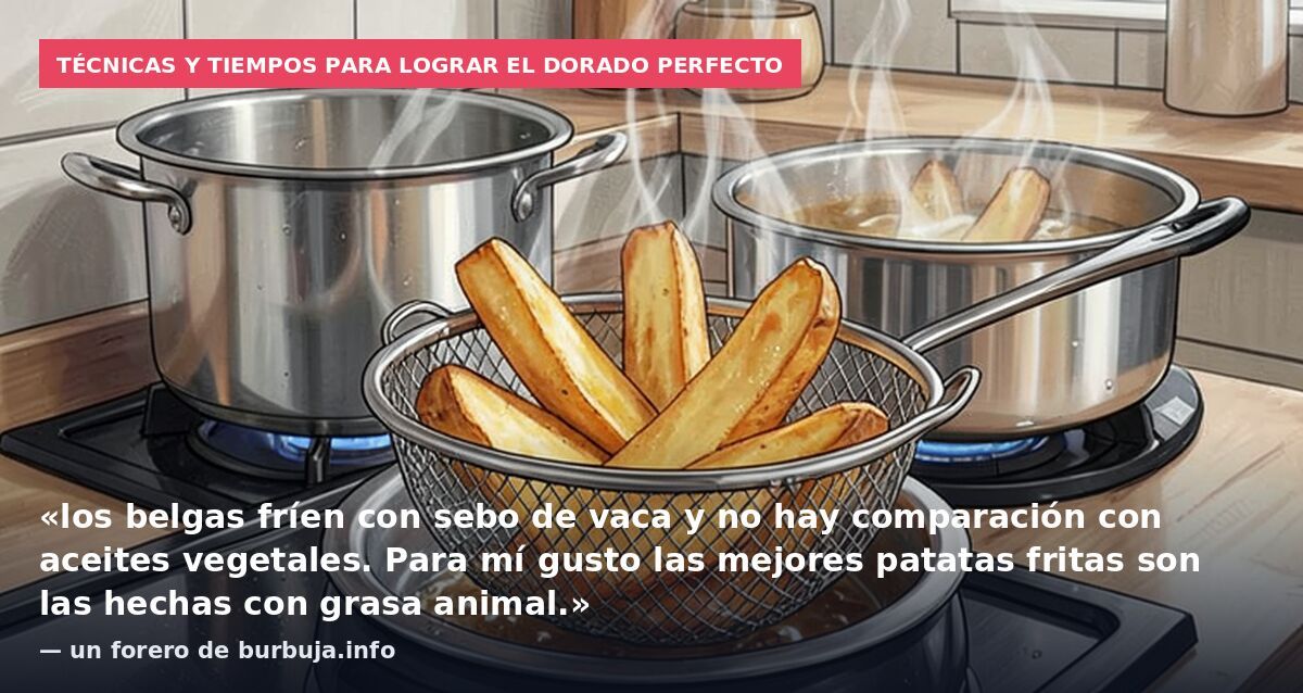 Técnicas y tiempos para lograr el dorado perfecto: «los belgas fríen con sebo de vaca y no hay comparación con aceites vegetales. Para mí gusto las mejores patatas fritas son las hechas con grasa animal.» — un forero de burbuja.info