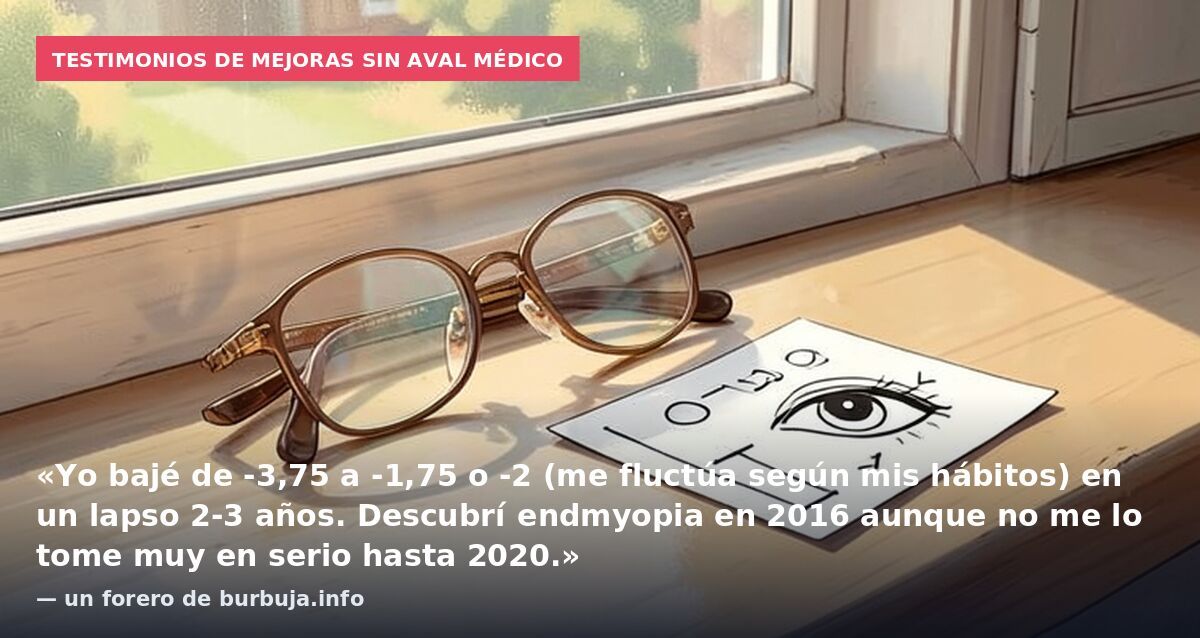 Testimonios de mejoras sin aval médico: «Yo bajé de -3,75 a -1,75 o -2 (me fluctúa según mis hábitos) en un lapso 2-3 años. Descubrí endmyopia en 2016 aunque no me lo tome muy en serio hasta 2020.» — un forero de burbuja.info