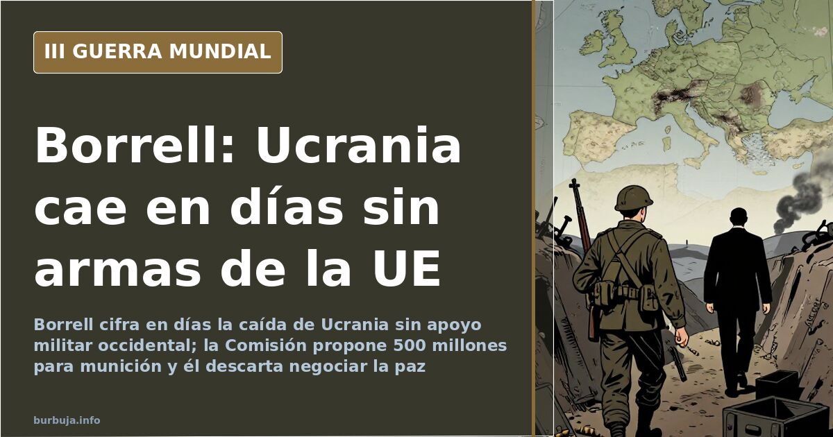 Ilustración documental desaturada con un mapa de Ucrania y siluetas de material militar bajo un cielo con humo lejano