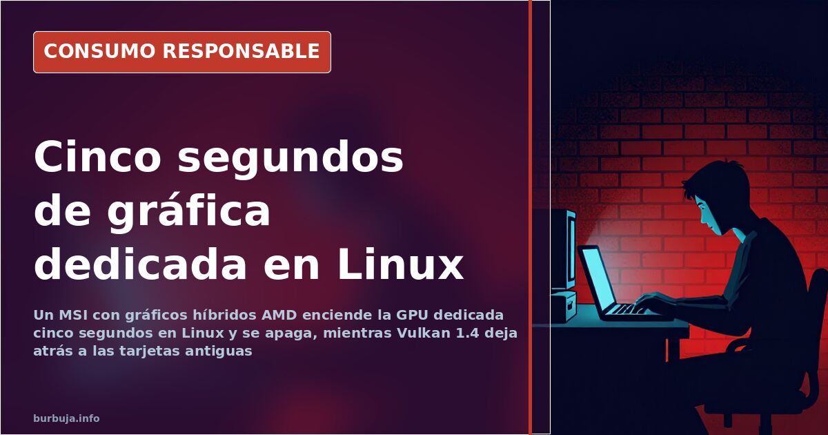 Portátil MSI con gráficos híbridos AMD mostrando un escritorio Linux y un LED de gráfica dedicada encendido sobre la mesa