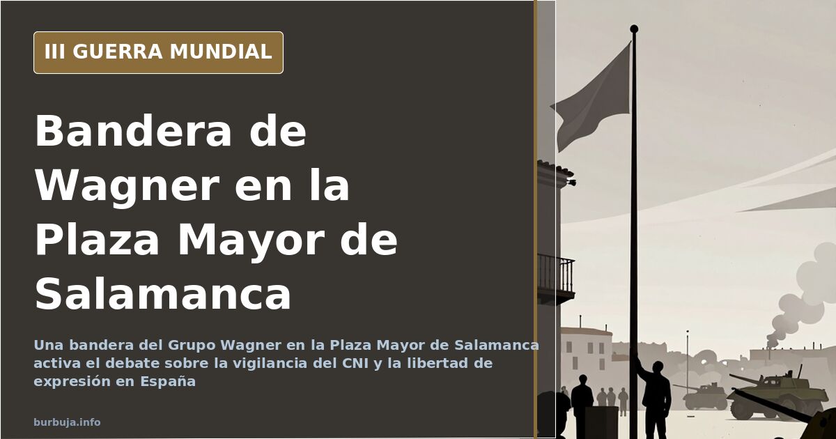 Bandera negra con calavera blanca del Grupo Wagner en una plaza mayor de piedra, con siluetas y humo lejano en el horizonte