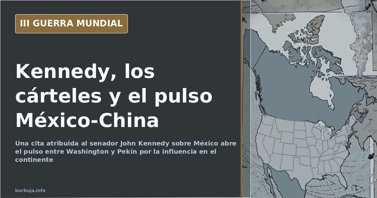 Mapa desaturado de Norteamérica con siluetas de vehículos militares y rutas comerciales que cruzan el Pacífico hacia China