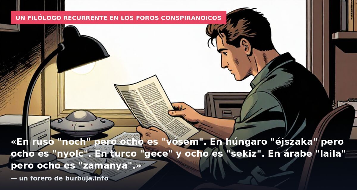 Un filólogo recurrente en los foros conspiranoicos: «En ruso "noch" pero ocho es "vósem". En húngaro "éjszaka" pero ocho es "nyolc". En turco "gece" y ocho es "sekiz". En árabe "laila" pero ocho es "zamanya".» — un forero de burbuja.info