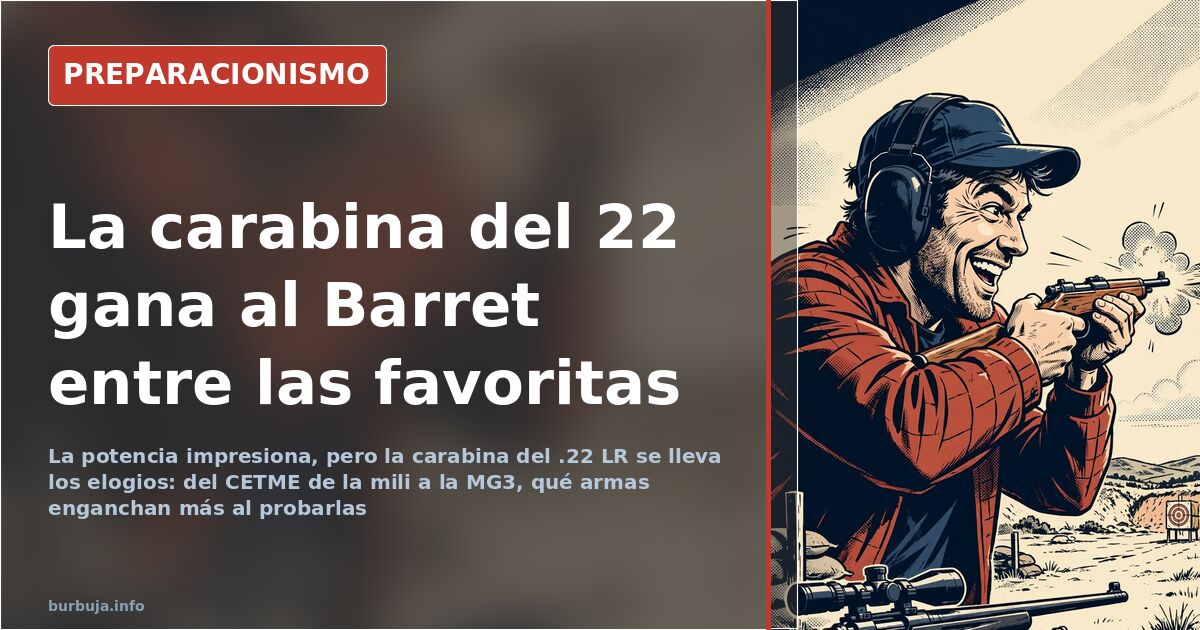 Varias armas de fuego sobre una mesa de tiro, con una carabina del calibre .22 en primer plano y un fusil CETME al fondo