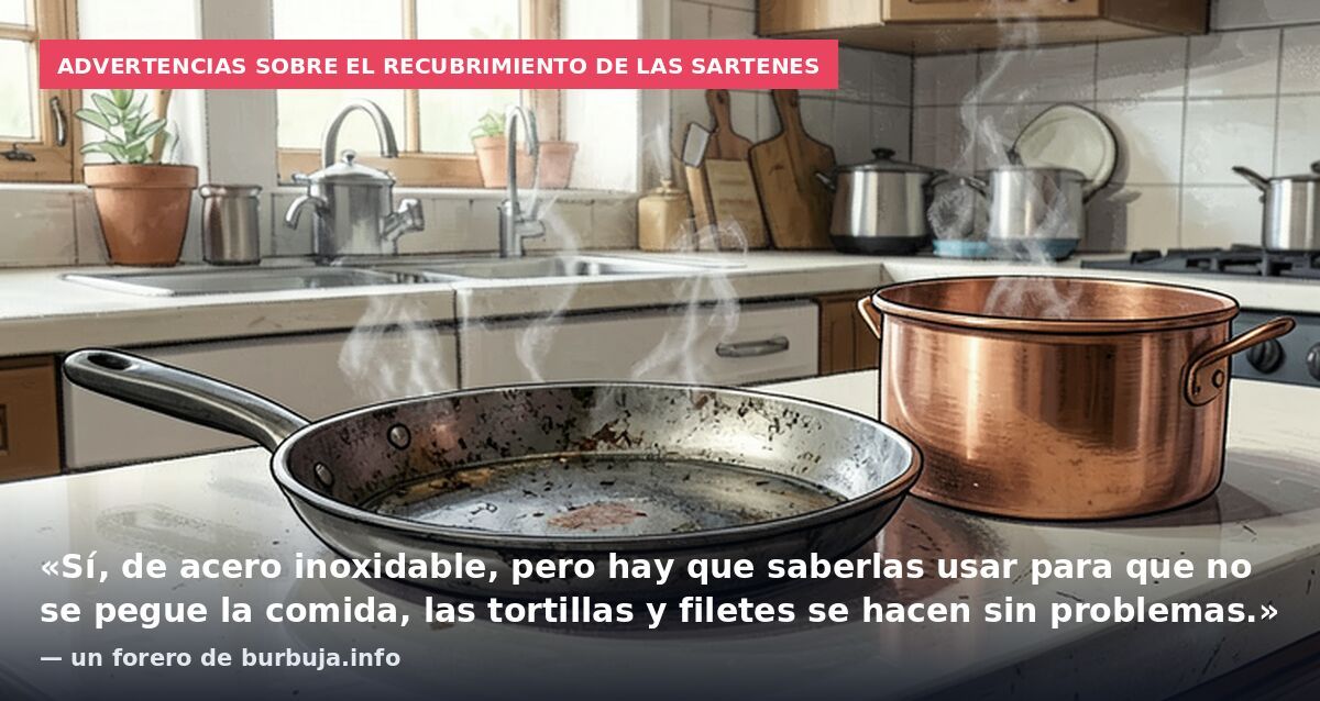 Advertencias sobre el recubrimiento de las sartenes: «Sí, de acero inoxidable, pero hay que saberlas usar para que no se pegue la comida, las tortillas y filetes se hacen sin problemas.» — un forero de burbuja.info