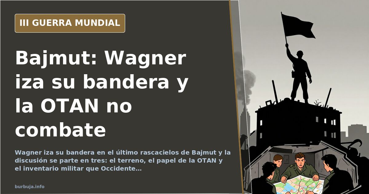 Bandera del Grupo Wagner y enseña rusa izadas sobre un edificio alto en ruinas de Bajmut, con humo lejano en el horizonte