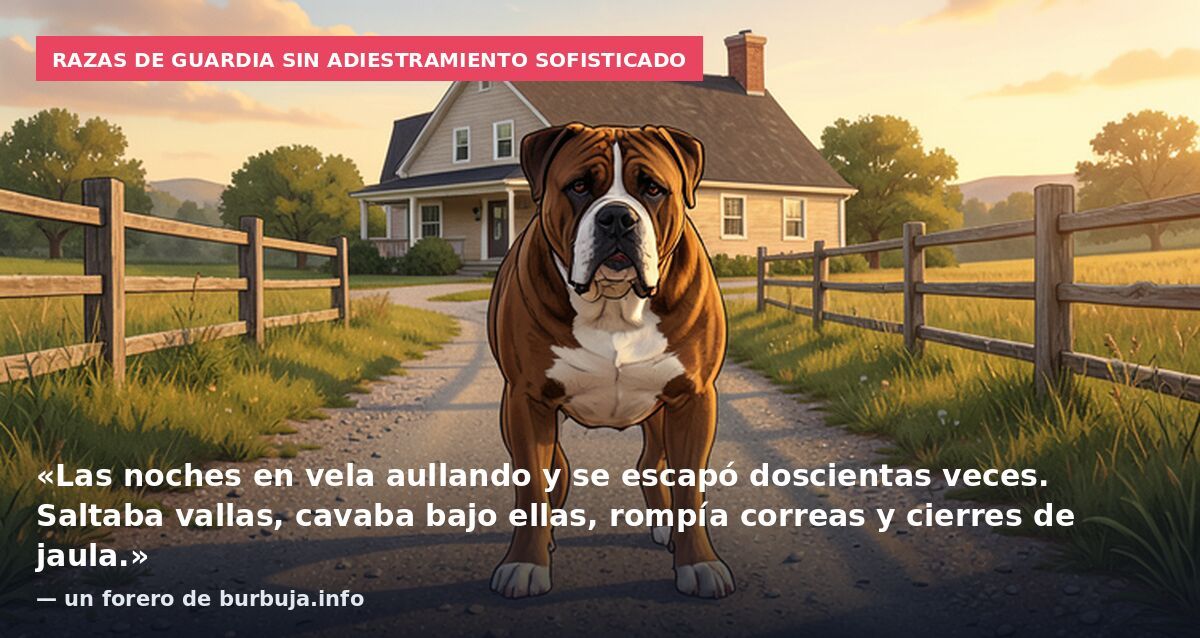 Razas de guardia sin adiestramiento sofisticado: «Las noches en vela aullando y se escapó doscientas veces. Saltaba vallas, cavaba bajo ellas, rompía correas y cierres de jaula.» — un forero de burbuja.info