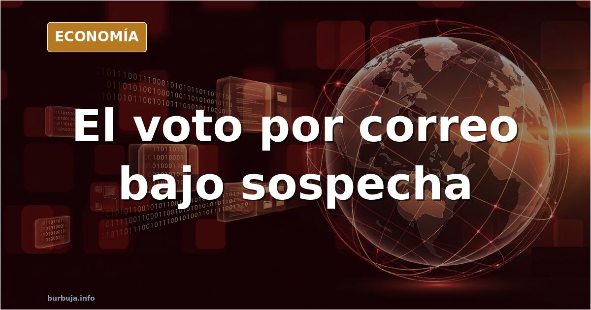 Ilustración editorial de una urna electoral con papeletas y un sobre de voto por correo, símbolo del debate sobre la confianz