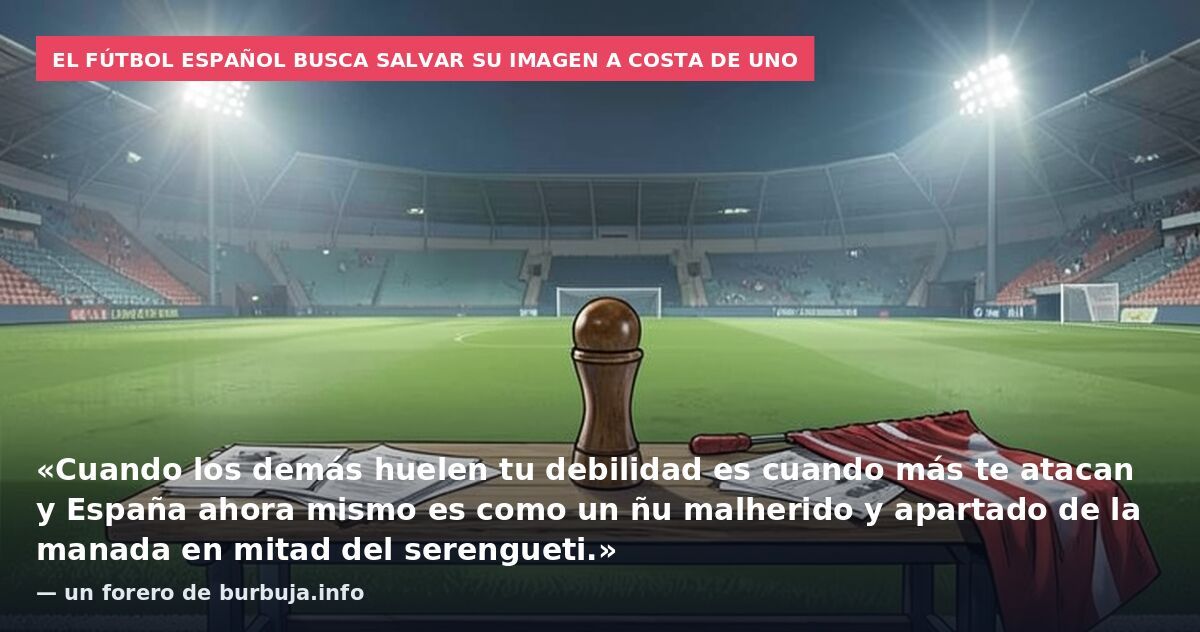 El fútbol español busca salvar su imagen a costa de uno: «Cuando los demás huelen tu debilidad es cuando más te atacan y España ahora mismo es como un ñu malherido y apartado de la manada en mitad del serengueti.» — un forero de burbuja.info