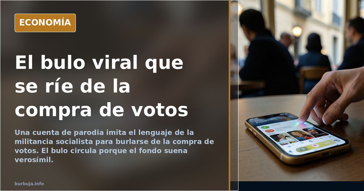 Ilustración editorial de un teléfono móvil mostrando un tuit de parodia sobre compra de votos con estilo navy y dorado