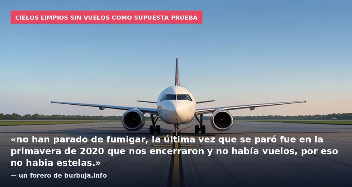 Cielos limpios sin vuelos como supuesta prueba: «no han parado de fumigar, la última vez que se paró fue en la primavera de 2020 que nos encerraron y no había vuelos, por eso no habia estelas.» — un forero de burbuja.info