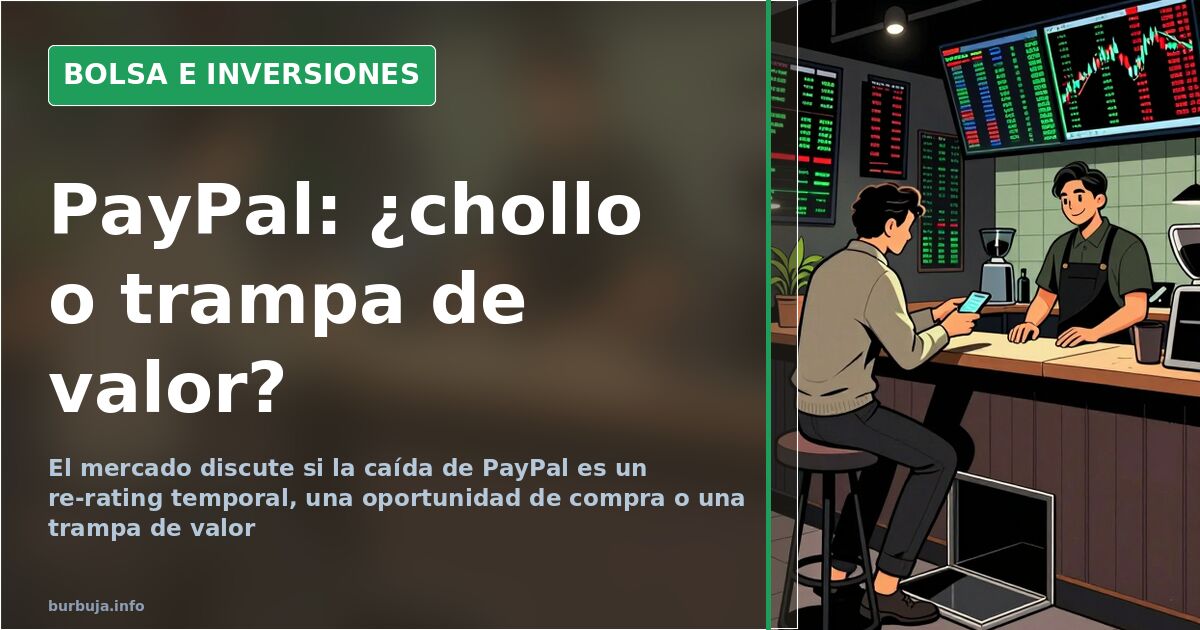 Gráfico de cotización en descenso, velas verdes y rojas sobre fondo oscuro, ilustrando la caída de PayPal
