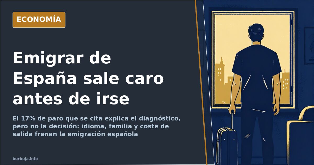 Maleta abierta en el salón de un piso español, ilustración editorial sobre emigrar de España y el coste de salir