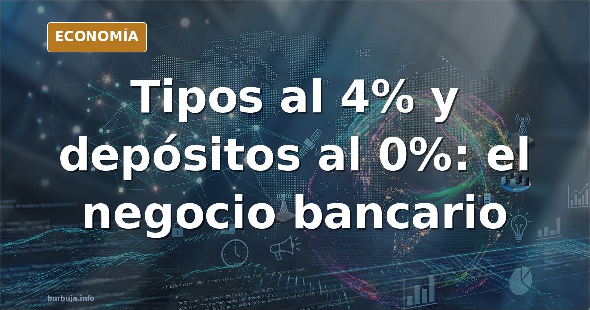 Gráfico de tipos de interés del BCE con una flecha ascendente hacia el 4% y un edificio institucional al fondo