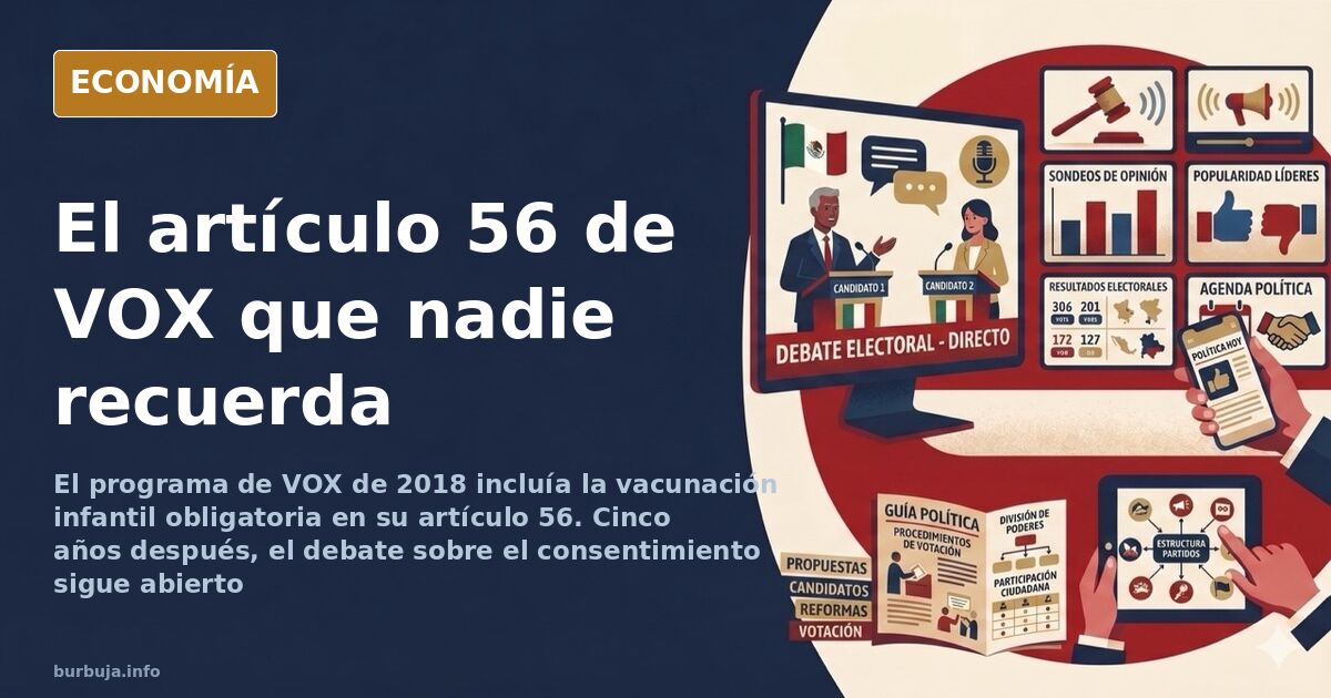 Documento electoral con el artículo 56 sobre vacunación obligatoria y un estetoscopio sobre fondo azul marino