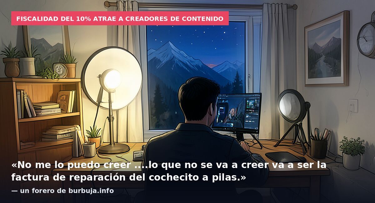 Fiscalidad del 10% atrae a creadores de contenido: «No me lo puedo creer ....lo que no se va a creer va a ser la factura de reparación del cochecito a pilas.» — un forero de burbuja.info