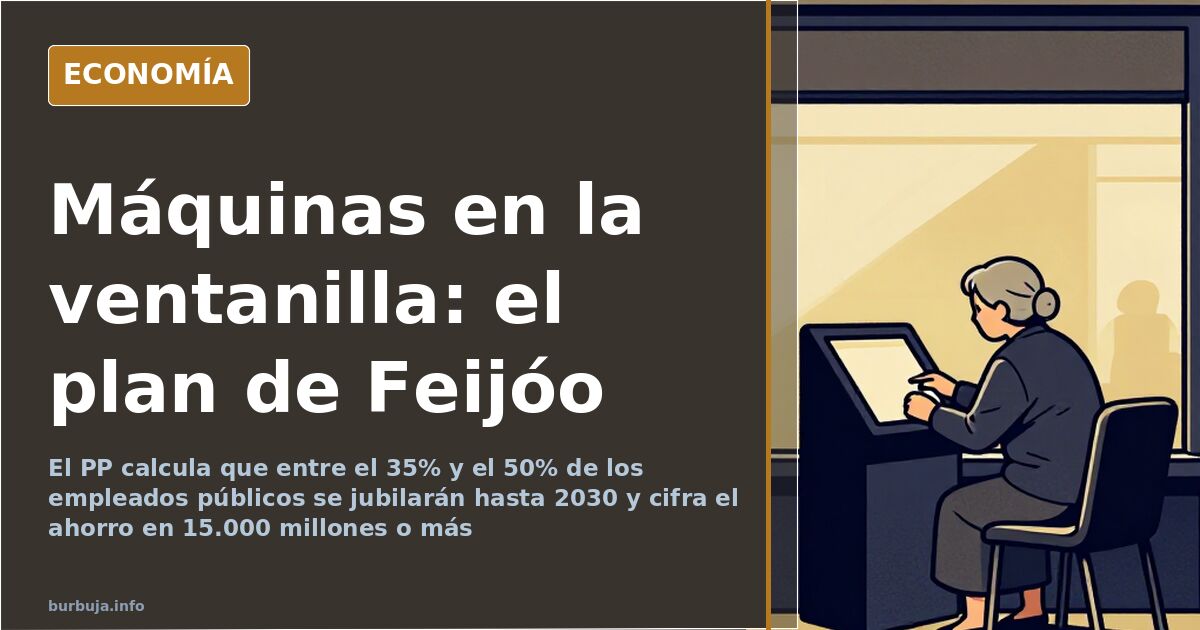 Ilustración editorial de una ventanilla de administración pública atendida por una máquina frente a una cola de ciudadanos