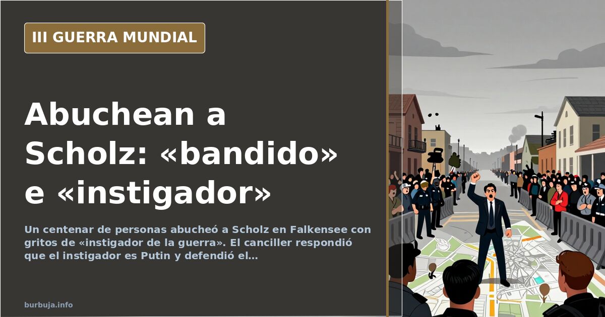 Silueta de un canciller aleman en un atril bajo una pancarta de protesta contra el envio de armas a Ucrania