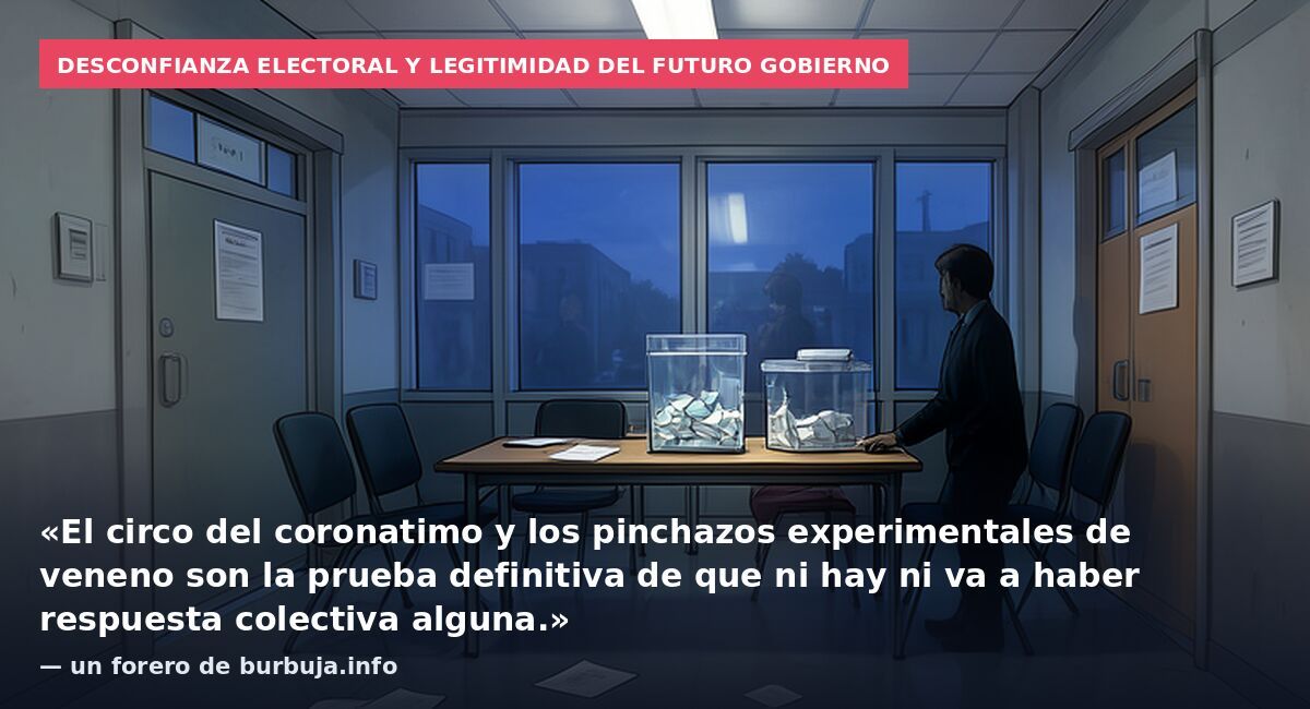 Desconfianza electoral y legitimidad del futuro gobierno: «El circo del coronatimo y los pinchazos experimentales de veneno son la prueba definitiva de que ni hay ni va a haber respuesta colectiva alguna.» — un forero de burbuja.info