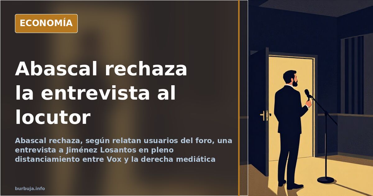 Ilustración editorial con Santiago Abascal y Federico Jiménez Losantos junto a un micrófono de radio y una entrevista rechaza