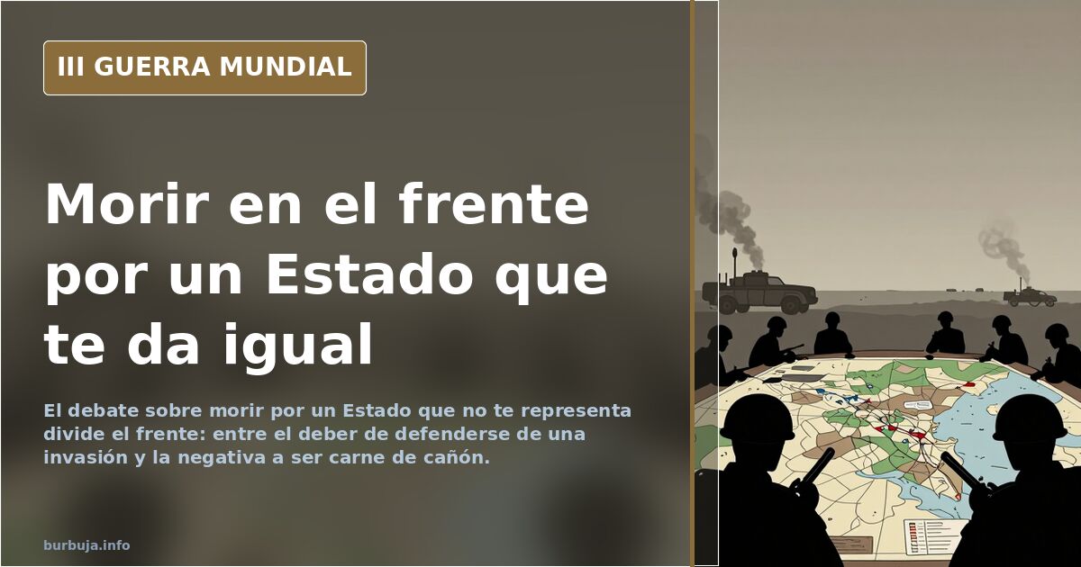 Siluetas de soldados y equipo militar bajo un cielo apagado, con humo lejano y un mapa que evoca la guerra de Ucrania