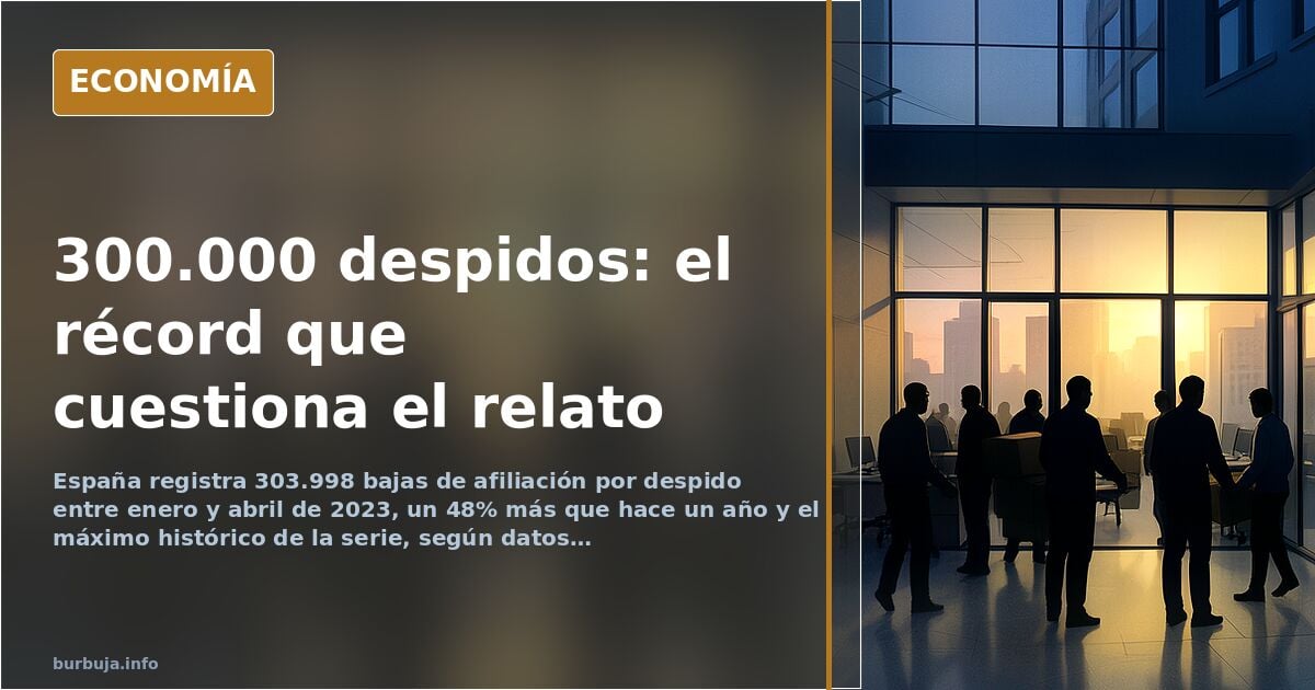 Gráfico editorial de líneas en azul marino y dorado mostrando el récord de despidos en España en el primer cuatrimestre de 20
